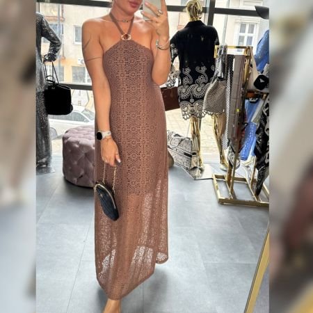 Ażurowa Bawełniana Sukienka Maxi Wiązana na Szyi SIENNA // 6098