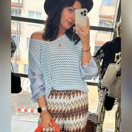 Włoski Ażurowy Sweterek Błękitny z Koszulowymi Rękawami Vicolo Made in Italy // 6183