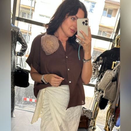Lniania Koszula Oversize z Kwiatem MOTEL Premium Made in Italy - Głęboki Czekoladowy Brąz // 6175
