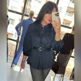 Luksusowa Koszula Satynowa z Paskiem CLOTHÉ Premium Made in Italy - Głęboki Granat // 6197