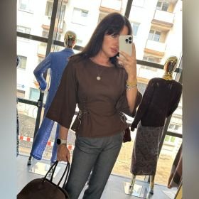 Luksusowa Bluzka Lniana z Wiązaniem z Boku Mitica&Co Premium Made in Italy - Głęboki Gorzka Czekolada // 6170