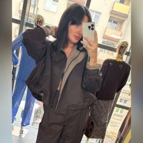 Czekoladowa Kurtka Bomberka Damska w Kratkę SAIPH Made in Italy | Krótka Kurtka Bawełniana Premium // 6216