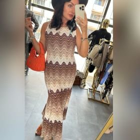 Włoska Sukienka Dzianinowa Maxi w Zygzaki MOTEL – Długa Dzianinowa Sukienka Boho // 6218