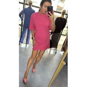 Bawełniana Sukienka T-Shirt Mini z Wycięciem Srebrne Serce AdoreDanew – Fuksja // 6244