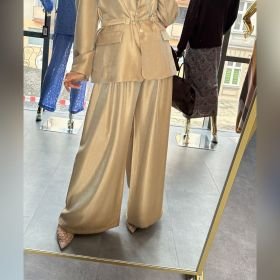 Włoskie Spodnie Szerokie Złoto-Beżowe Satynowe Palazzo CLOTHE Premium – Made in Italy // 6187
