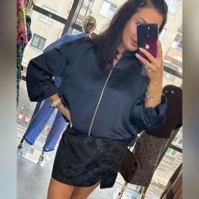 Kurtka Bomberska Elegancka Granatowa Satynowa CLOTHE Premium // 6198