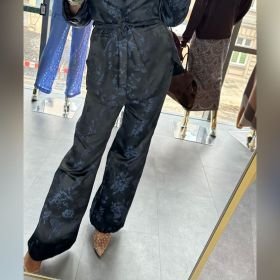 Eleganckie Spodnie Szerokie Jacquard z Wysokim Stanem Czarno-Granatowe SAIPH Premium // 6227