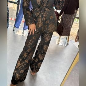 Eleganckie Spodnie Szerokie Jacquard z Wysokim Stanem Czarno-Złote SAIPH Premium // 6228