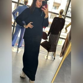 Włoski Kompleut Dzianinowy ze Długą Spódnicą Maxi i Swebrem z Półgofrem CLOTHE Made in Italy // 6206