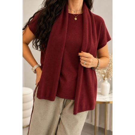 Damski Sweter z Szalem z Wiskozą – Bordo, Beż, Czekolada