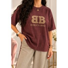 T-shirt damski Roberta Biagi z logo bordo i khaki | AdoreDanew