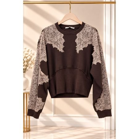 Bluza damska z koronką brązowa Philia Loft | Adore Danew