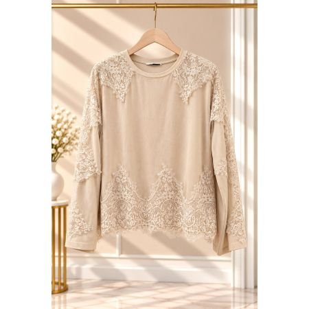 Bluzka damska z koronką beżowa Philia Loft | Elegancka