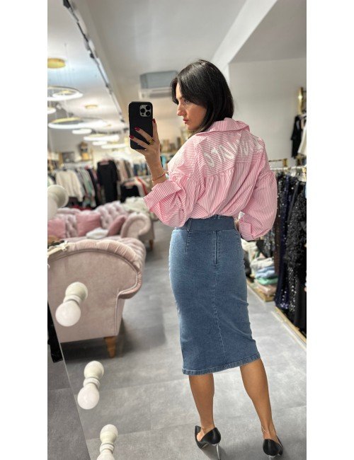 Różowa koszula w białe paski z nadrukiem kwiatowym