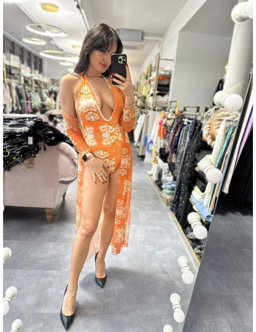 Pomarańczowy, jednoczęściowy kostium kąpielowy z palto od Ana Caselli