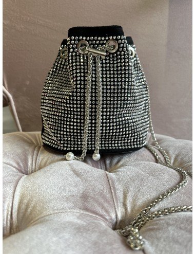 Czarna Torebka Worek z Cyrkoniami na Długim Srebrnym Łańcuszku | Elegancka Wieczorowa Torebka