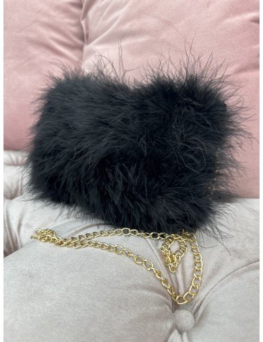 Czarna i Beżowa Kopertowa Torebka z Piórami na Złotym Długim Pasku | Elegancka Wieczorowa Torebka