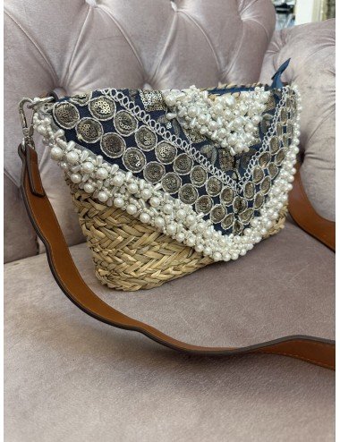 Pleciona Torba "Hand Made" z Niebieskimi Dekoracjami - Elegancki Dodatek na Wieczór // 1178