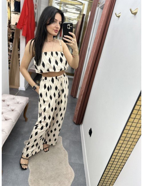 Beżowo-Czarne Proste Spodnie na Gumce - Lumina