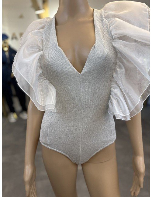 Czarne i srebrne body z falbanami na ramionach od Vicolo // 1264