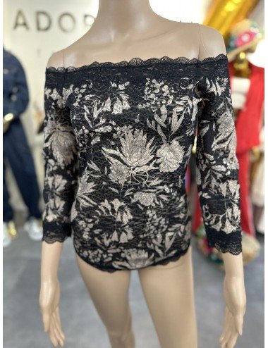 Czarne koronkowe body z dekoltem w łódkę // 1286