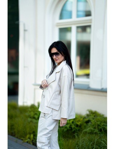 Czarna i Beżowa Marynarka ze Skóry Naturalnej z Kieszeniami