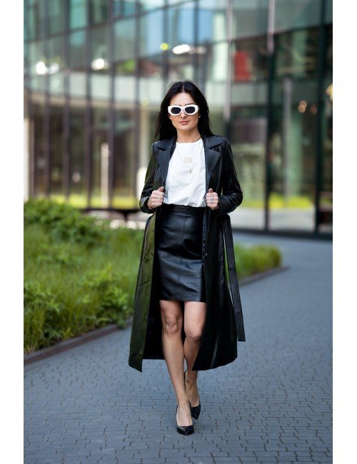 czarny długi płaszcz wiązany - skóra naturalna // 1452**