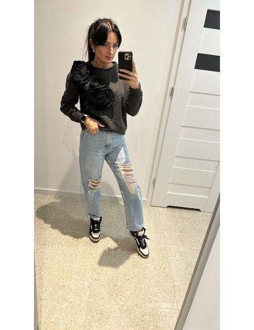 Szara Bluza Damska Have One Zdobienia Kwiatowe 3D Bawełna Elastan | AdoreDanew