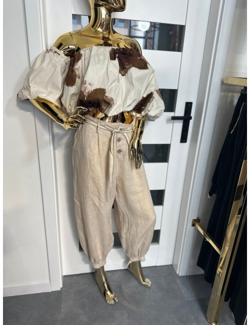 beżowe lniane spodnie na guziczki 100% len // 1573