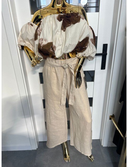 beżowe lniane spodnie z gumką 100% len // 1577