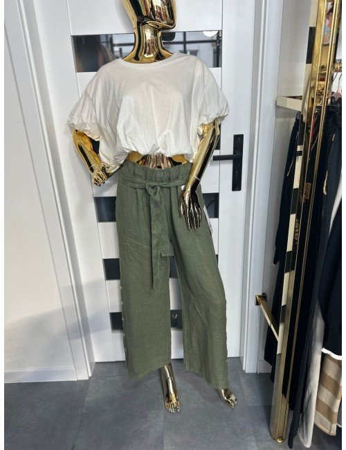 khaki lniane spodnie z gumką 100% len // 1578