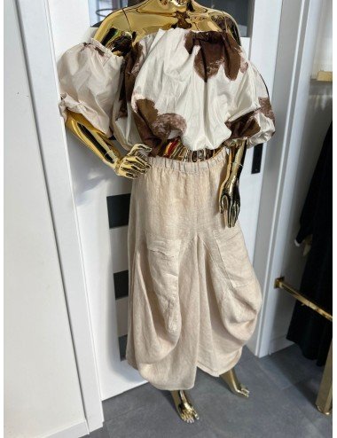 beżowa lniana spódnica z gumką 100% len // 1581