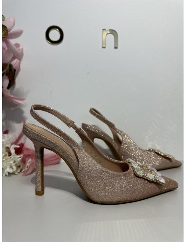 Złote, brokatowe buty na wysokim obcasie ozdabiane kryształkami // 752