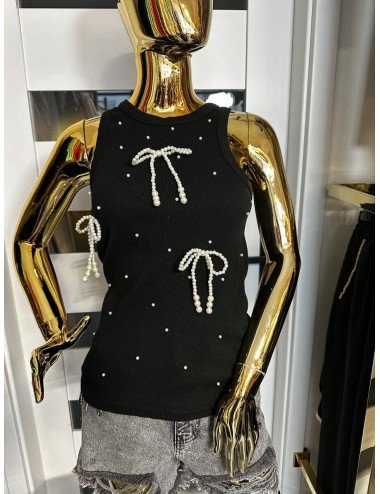 czarna bluzka z kokardkami z pereł od Vicolo // 1755