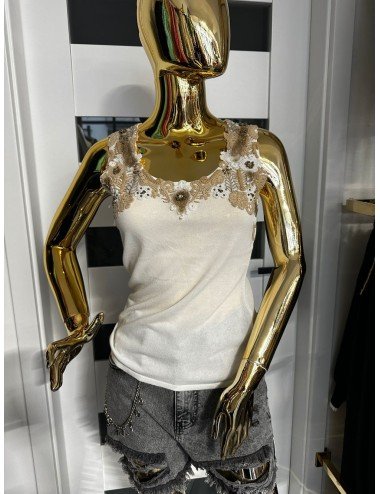 biała bluzka na ramiączka z brązowymi haftami // 1859