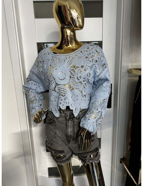 niebieski sweterek ażurowy na długi rękaw // 1895*