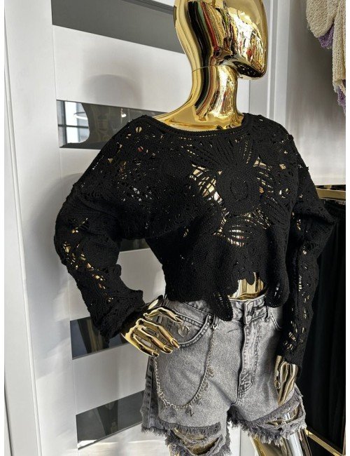 czarny sweterek ażurowy na długi rękaw // 1896*