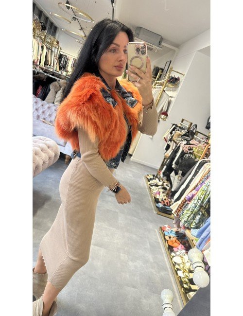 Kurtka Jeansowa z Futrem Lisa Flo&Clo | Pomarańczowe | Luksusowa // 2137