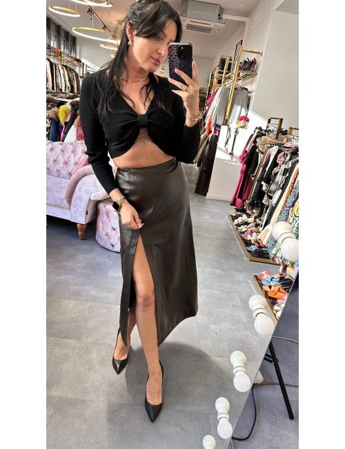 brązowa skórzana spódnica z rozcięciem // 2402