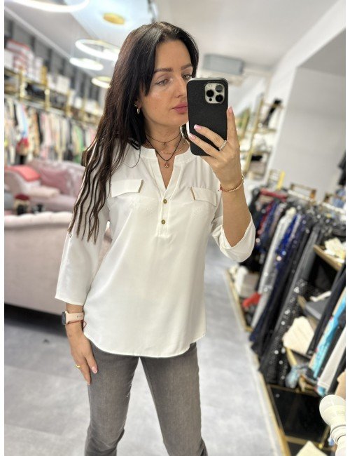 Biała, elegancka bluzka ze złotymi zdobieniami od Adore Danew